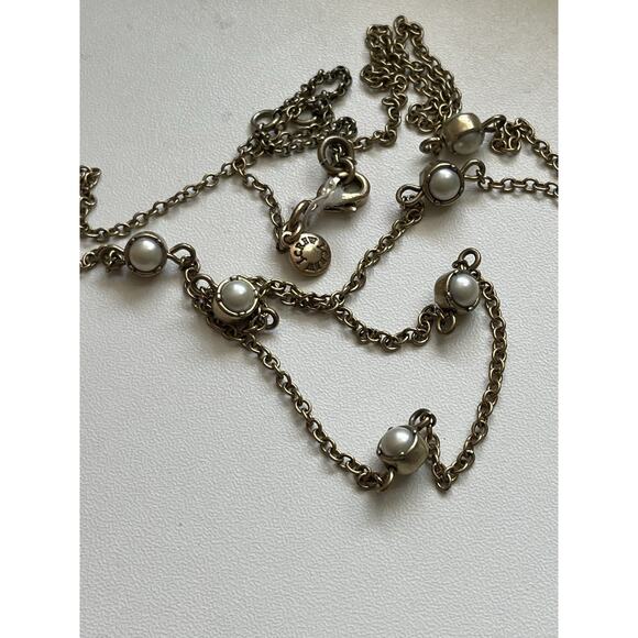 J. Crew Faux Pearl Long Station Necklace Antique Gold Tone 32” - Picture 3 of 5